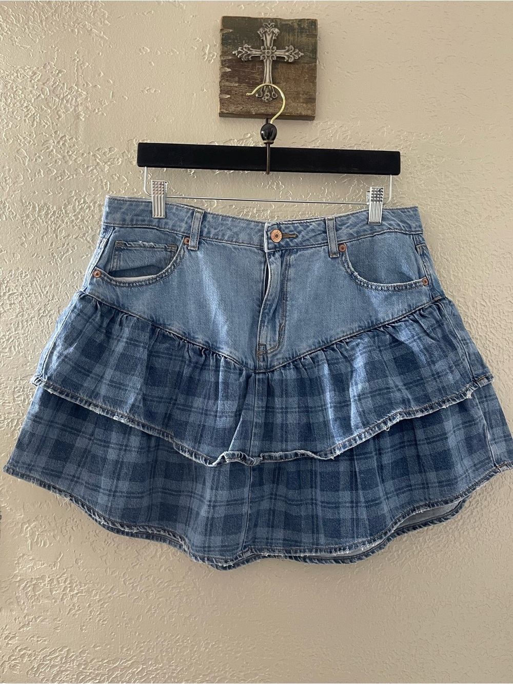 American Eagle Outfitters Y2K Blue Plaid Ruffle Denim Skirt Size 14